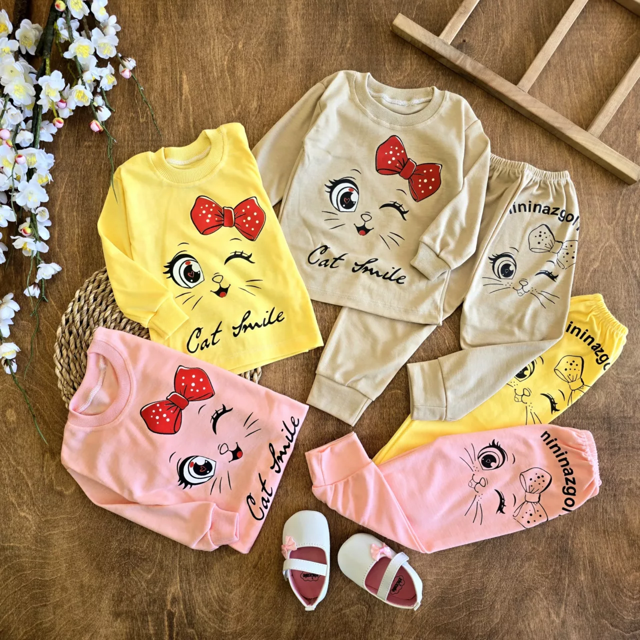 بلوز شلوار پیشی پاپیونی cat smile سایز ۴ تا ۶ کد 6599