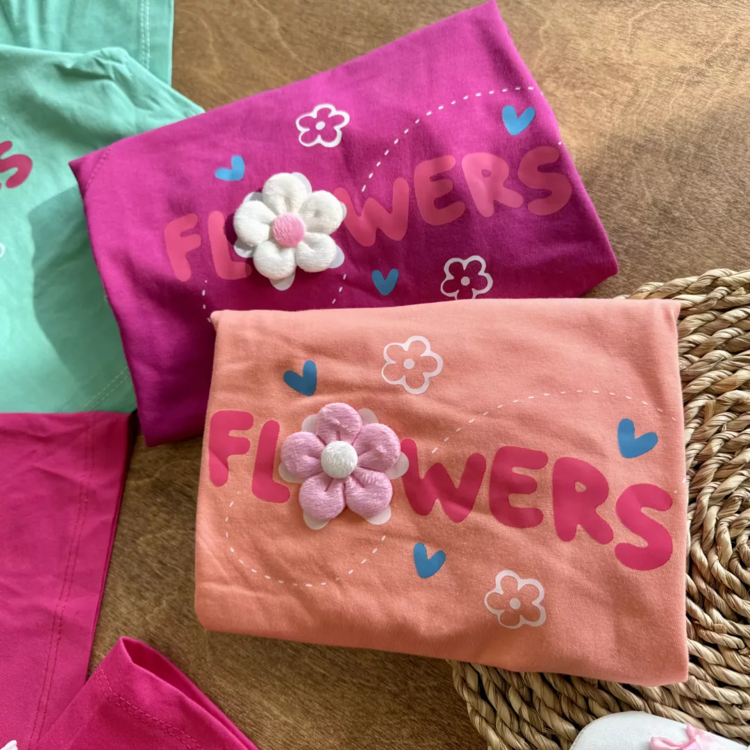 کراپ رگلان و شلوارک نواردار گل برجسته Flowers کد 6114