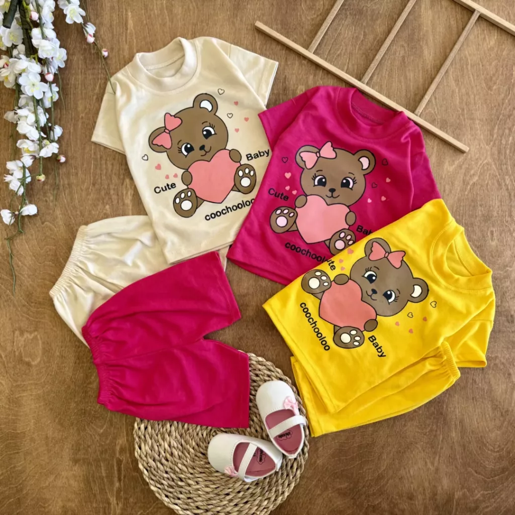 تیشرت شلوارک خرس قلبی cute baby سایز 4 تا 6 کد 6512
