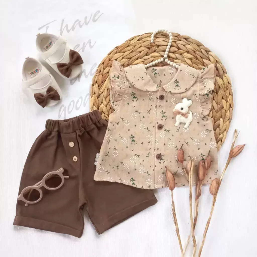 تاپ شلوارک کتان کرم قهوه ای گل و خرگوش مدل الما کد 6442