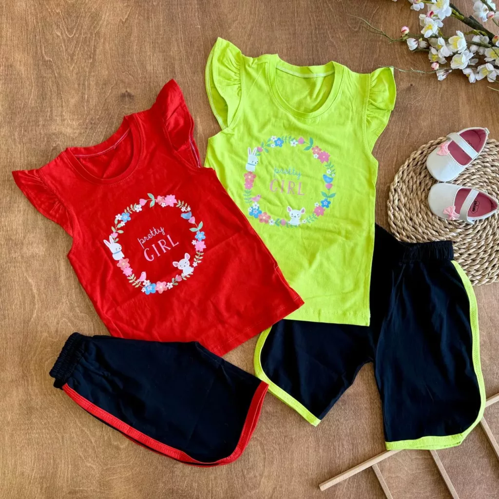 تاپ شلوارک آستین چین دار خرگوش و گل GIRL کد 6538
