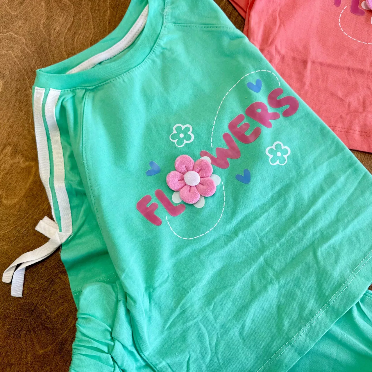 کراپ رگلان و شلوارک نواردار گل برجسته Flowers کد 6114