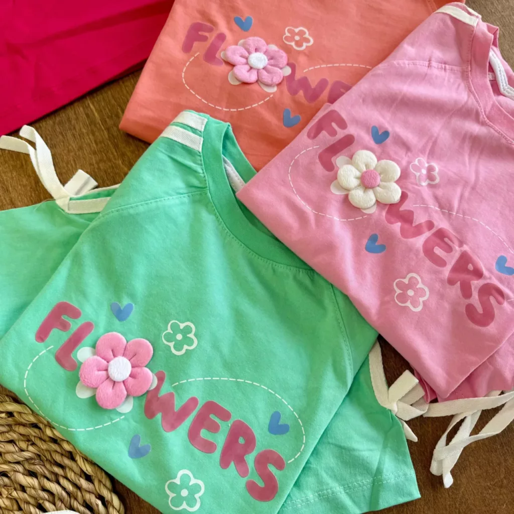 کراپ رگلان و شلوارک نواردار گل برجسته Flowers کد 6114